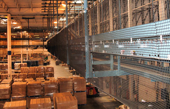 Conveyor Containment Netting Over Factory Floor of Pharmacy Distribution Center